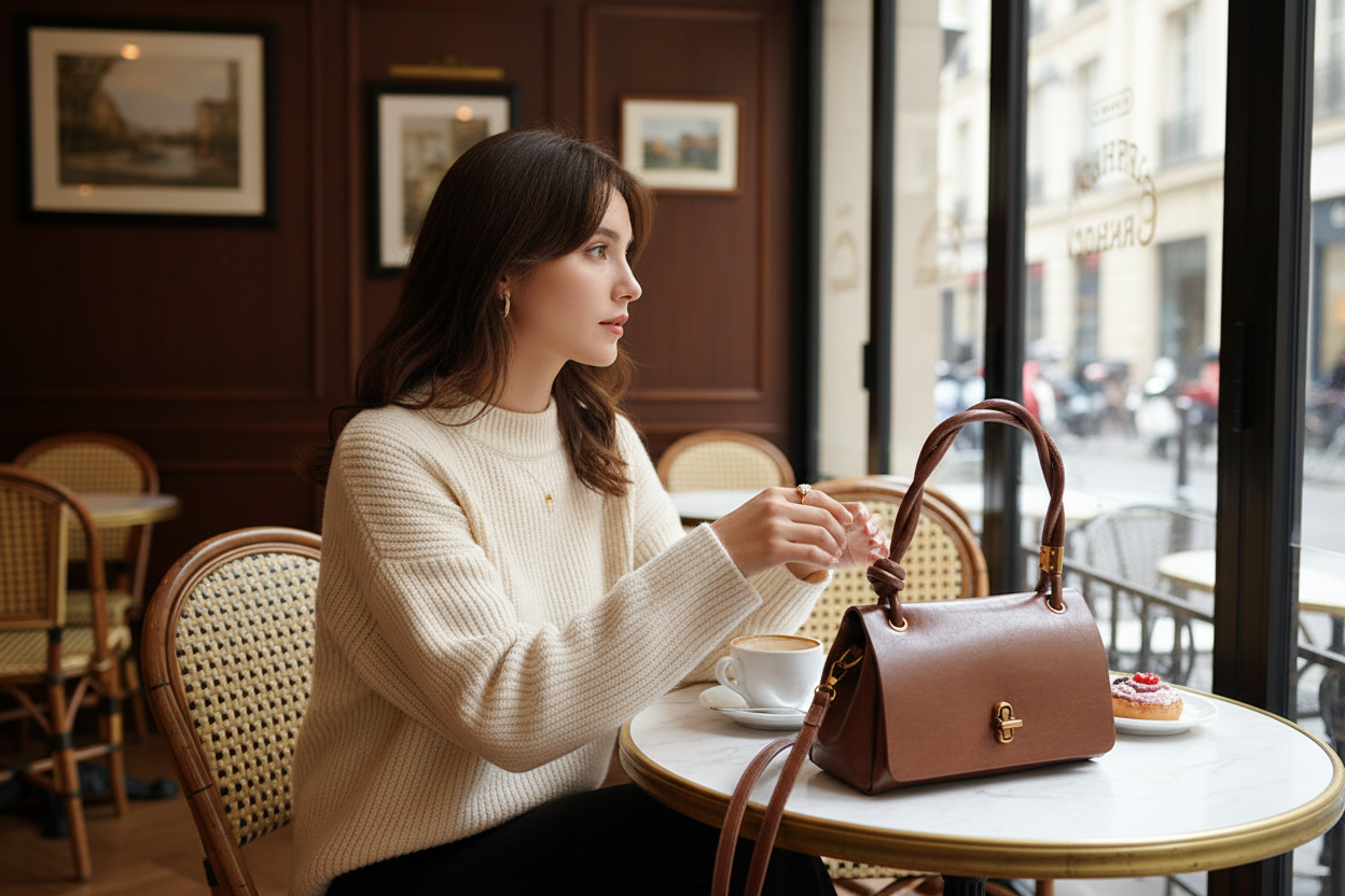 Femme élégante café avec sac marron