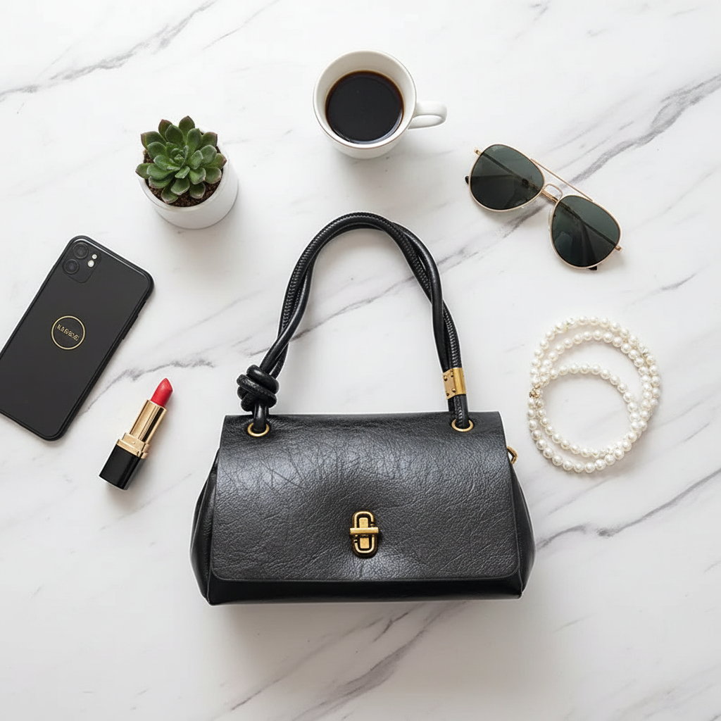 Flat lay sac noir accessoires luxe