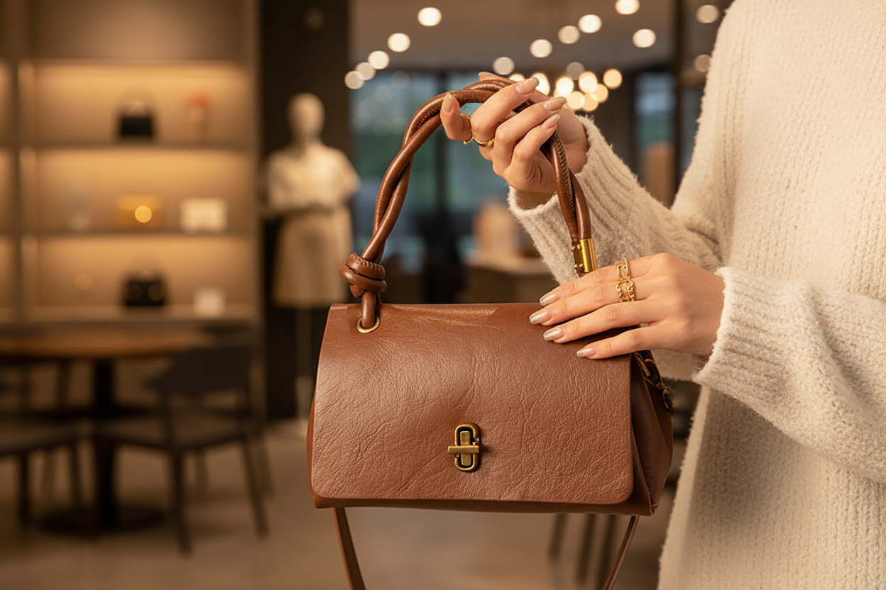 Gros plan mains tenant sac marron